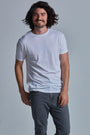 ONNO bamboo t-shirt in White Unpatched, Nic is 5'11" and wearing size M.