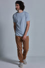 ONNO bamboo t-shirt in Sky Blue Unpatched, Nic is 5'11" and wearing size M.