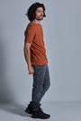ONNO bamboo t-shirt in Rust Unpatched, Nic is 5'11" and wearing size M.