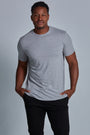 ONNO bamboo t-shirt in Heather Gray Unpatched, Golden is 6'0" and wearing size L.