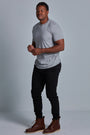 ONNO bamboo t-shirt in Heather Gray Unpatched, Golden is 6'0" and wearing size L.
