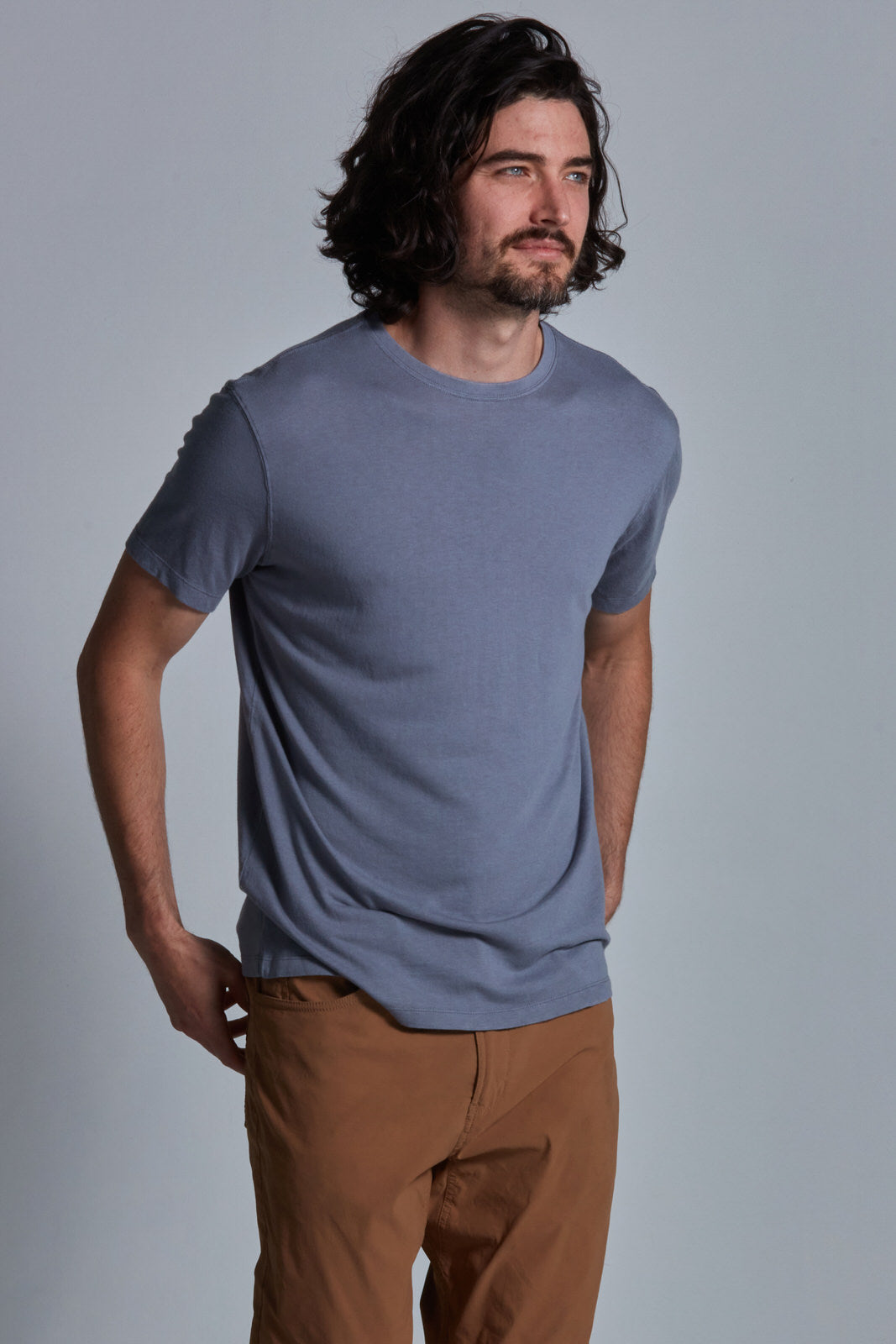 ONNO bamboo t-shirt in Stone Unpatched, Nic is 5'11" and wearing size M.