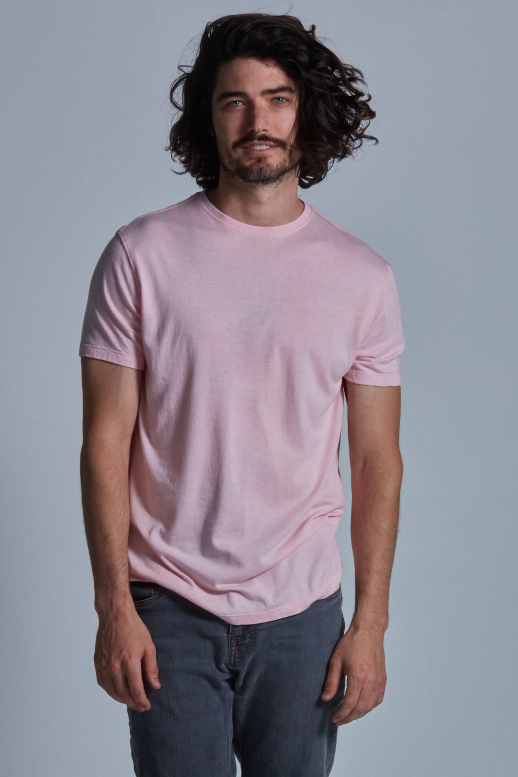ONNO bamboo t-shirt in Pink Unpatched, Nic is 5'11" and wearing size M.