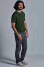 ONNO bamboo t-shirt in Moss Green Unpatched, Nic is 5'11" and wearing size M.