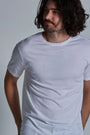 ONNO bamboo t-shirt in White, Nic is 5'11" and wearing size M.