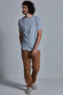 ONNO bamboo t-shirt in Sky Blue, Nic is 5'11" and wearing size M.