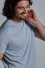 ONNO bamboo t-shirt in Sky Blue, Nic is 5'11" and wearing size M.