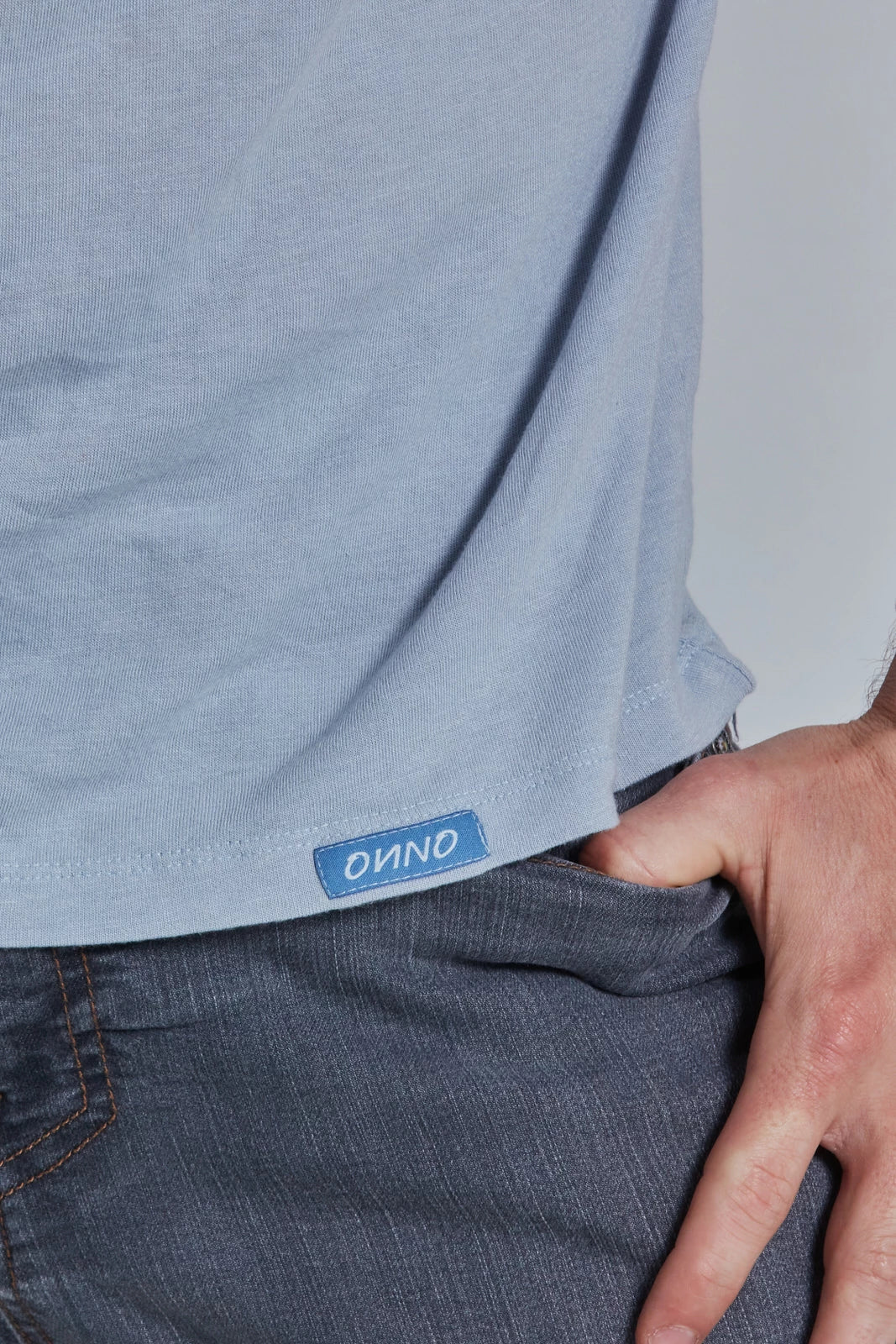 ONNO bamboo t-shirt in Sky Blue, Nic is 5'11" and wearing size M.