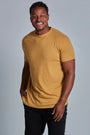 ONNO bamboo t-shirt in Mustard, Golden is 6'0" and wearing size L.