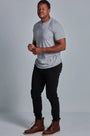 ONNO bamboo t-shirt in Heathered Granite, Golden is 6'0" and wearing size L.