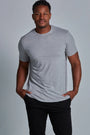 ONNO bamboo t-shirt in Heathered Granite, Golden is 6'0" and wearing size L.