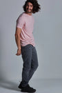 ONNO bamboo t-shirt in Pink, Nic is 5'11" and wearing size M.