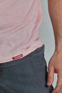 ONNO bamboo t-shirt in Pink, Nic is 5'11" and wearing size M.