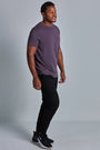 ONNO bamboo t-shirt in Dirty Purple, Golden is 6'0" and wearing size L.
