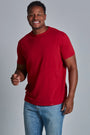 ONNO bamboo t-shirt in Earth Red, Golden is 6'0" and wearing size L.