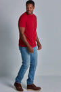 ONNO bamboo t-shirt in Earth Red, Golden is 6'0" and wearing size L.