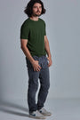 ONNO bamboo t-shirt in Moss Green, Nic is 5'11" and wearing size M.
