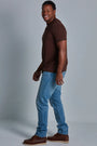 ONNO bamboo t-shirt in Espresso, Golden is 6'0" and wearing size L.