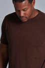 ONNO bamboo t-shirt in Espresso, Golden is 6'0" and wearing size L.
