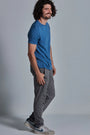 ONNO bamboo t-shirt in Sea Blue, Nic is 5'11" and wearing size M.