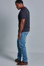 ONNO bamboo t-shirt in Charcoal Blue, Golden is 6'0" and wearing size L.