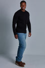 ONNO long sleeve bamboo t-shirt in Black Unpatched, Golden is 6'0" and wearing size L.