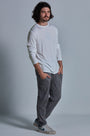 ONNO long sleeve bamboo t-shirt in Natural Unpatched, Nic is 5'11" and wearing size M.