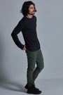 ONNO long sleeve bamboo t-shirt in Charcoal Blue Unpatched, Nic is 5'11" and wearing size M.