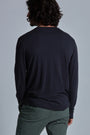 ONNO long sleeve bamboo t-shirt in Charcoal Blue Unpatched, Nic is 5'11" and wearing size M.