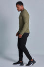 ONNO long sleeve bamboo t-shirt in Cypress, Golden is 6'0" and wearing size L.