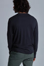 ONNO long sleeve bamboo t-shirt in Charcoal Blue, Nic is 5'11" and wearing size M.