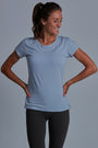 ONNO bamboo t-shirt in Sky Blue Unpatched, Christina is 5'9" and wearing size S.