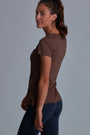 ONNO bamboo t-shirt in Milk Chocolate Unpatched, Christina is 5'9" and wearing size S.
