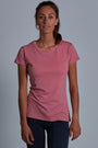 ONNO bamboo t-shirt in Vintage Pink Unpatched, Christina is 5'9" and wearing size S.