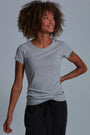 ONNO bamboo t-shirt Heathered Granite Unpatched, Sage is 5'7" and wearing size XS.