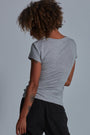 ONNO bamboo t-shirt Heathered Granite Unpatched, Sage is 5'7" and wearing size XS.