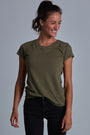 ONNO bamboo t-shirt in Cypress Unpatched, Christina is 5'9" and wearing size S.