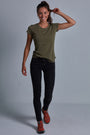 ONNO bamboo t-shirt in Cypress Unpatched, Christina is 5'9" and wearing size S.