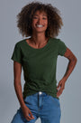 ONNO bamboo t-shirt in Moss Green Unpatched, Sage is 5'7" and wearing size XS.