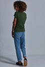 ONNO bamboo t-shirt in Moss Green Unpatched, Sage is 5'7" and wearing size XS.