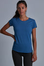 ONNO bamboo t-shirt in Sea Blue Unpatched, Christina is 5'9" and wearing size S.
