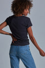 ONNO bamboo t-shirt in Charcoal Blue Unpatched, Sage is 5'7" and wearing size XS.