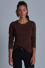 ONNO long sleeve bamboo t-shirt in Espresso Unpatched, Christina is 5'9" and wearing size S.