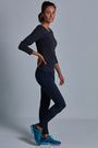 ONNO long sleeve bamboo t-shirt in Charcoal Blue Unpatched, Christina is 5'9" and wearing size S.