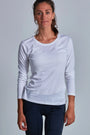 ONNO long sleeve bamboo t-shirt in White, Christina is 5'9" and wearing size S.
