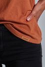 ONNO long sleeve bamboo t-shirt in Rust, Christina is 5'9" and wearing size S.