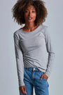 ONNO long sleeve bamboo t-shirt in Heathered Granite, Sage is 5'7" and wearing size XS.