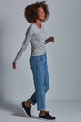 ONNO long sleeve bamboo t-shirt in Heathered Granite, Sage is 5'7" and wearing size XS.