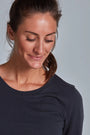 ONNO long sleeve bamboo t-shirt in Charcoal Blue, Christina is 5'9" and wearing size S.