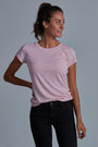 ONNO bamboo t-shirt in Pink Unpatched, Christina is 5'9" and wearing size S.